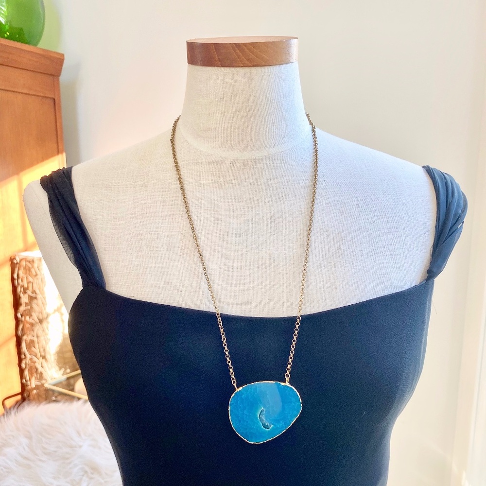 Blue Dyed Druzy Agate Slice Pendant Necklace